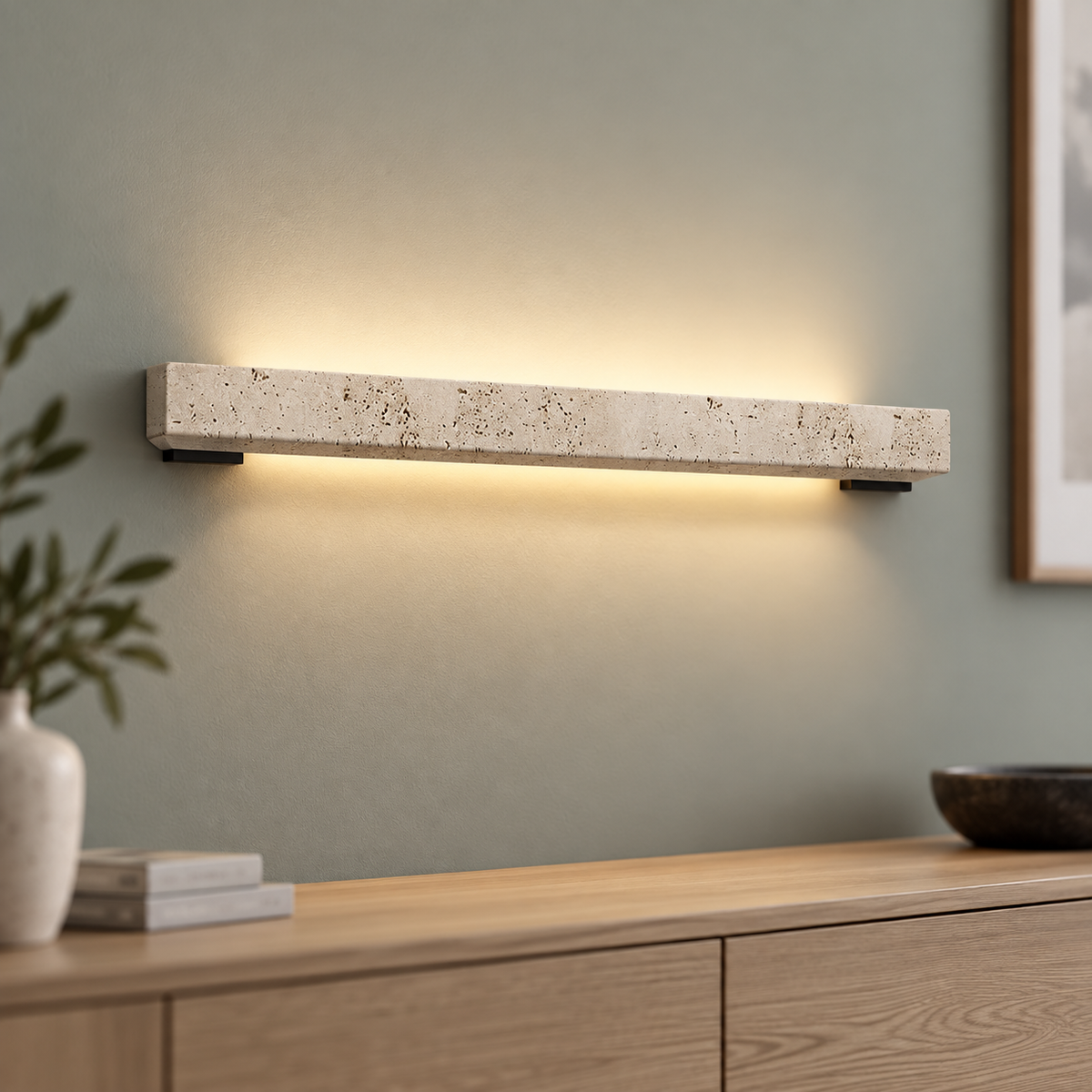 Beige stone LED bar wall light in a centred commercial view