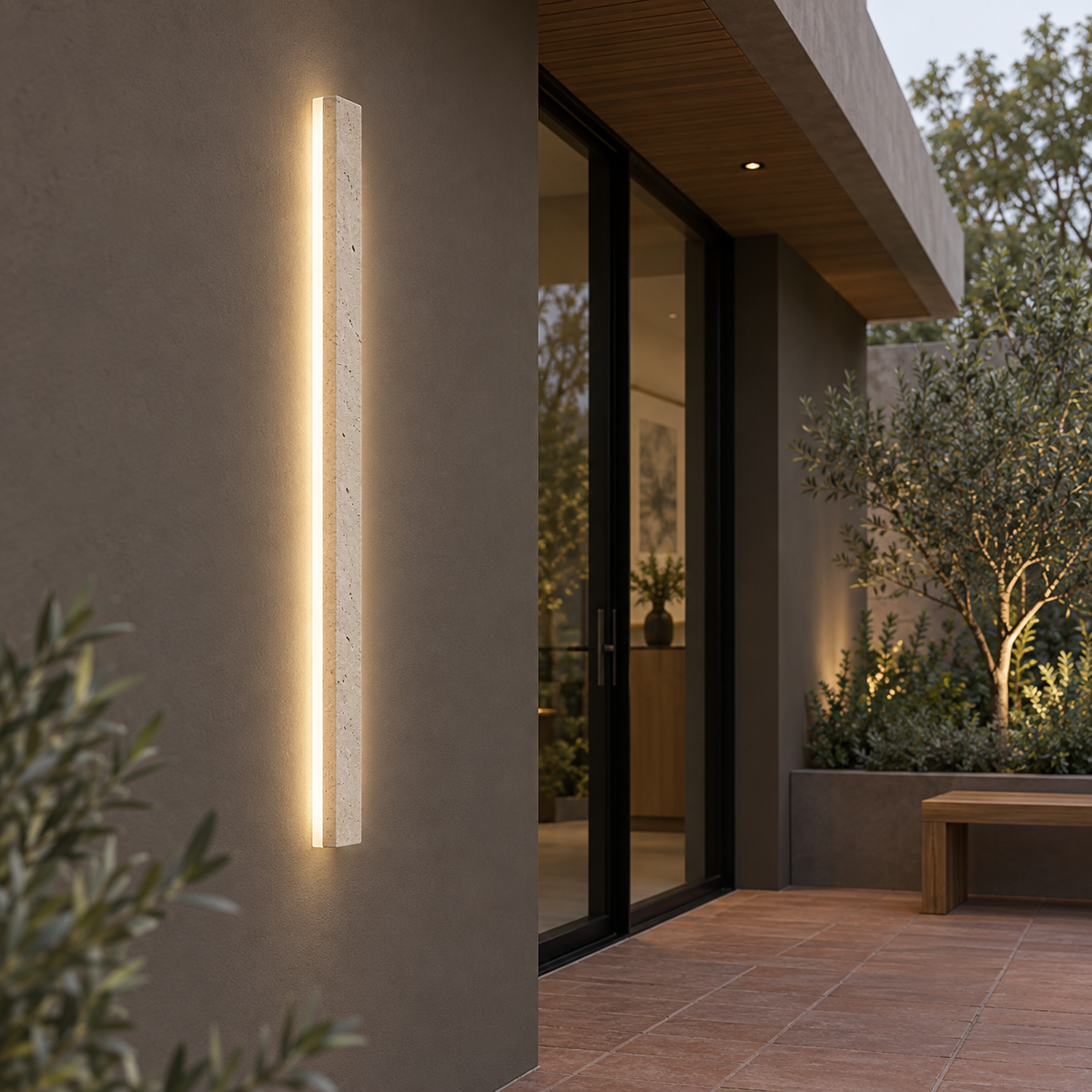 Slim beige natural stone outdoor wall light, far side view installed outside