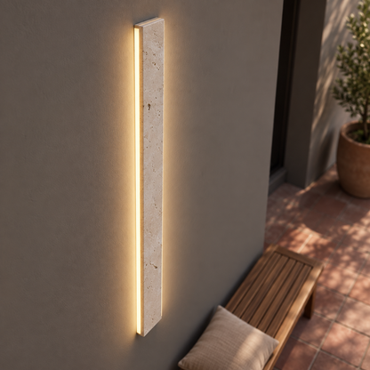Slim beige natural stone outdoor wall light, medium above-angle outdoor view
