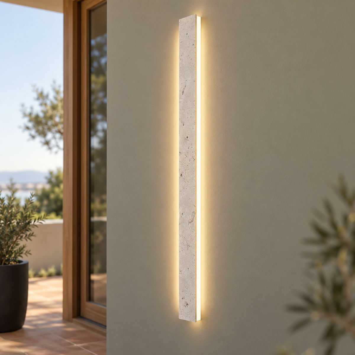 Beige slim natural stone outdoor wall light, centred installed view