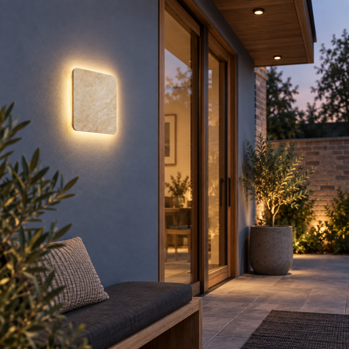 Square natural stone outdoor wall light, far side view installed outside