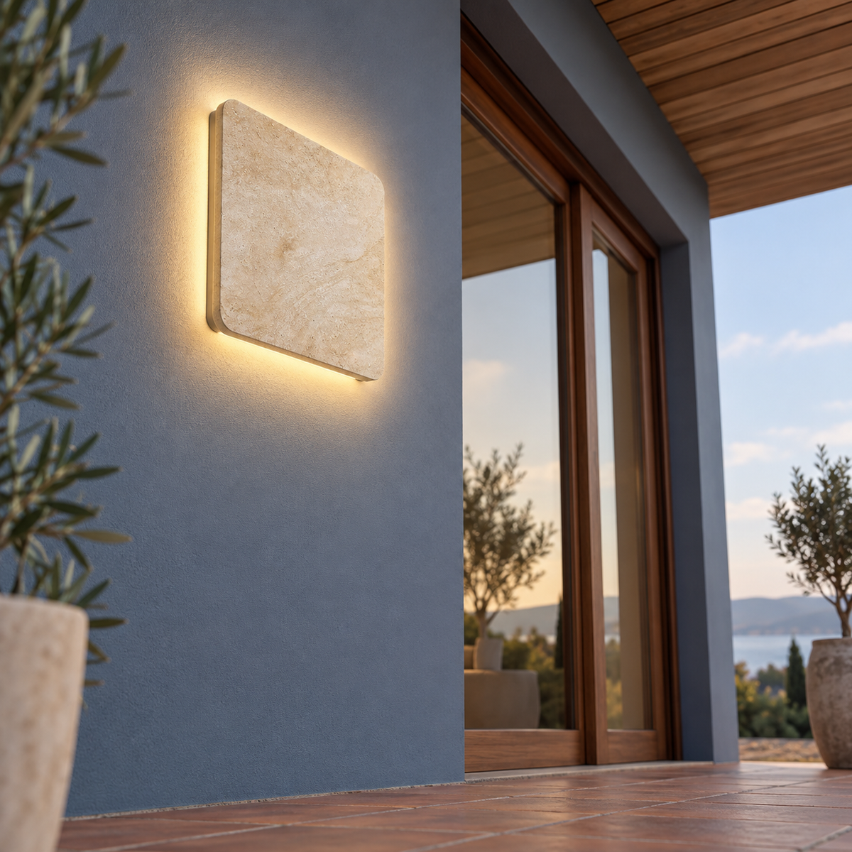 Square natural stone outdoor wall light, far low-angle outdoor view