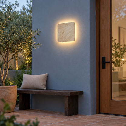 Square natural stone outdoor wall light, far front view in courtyard