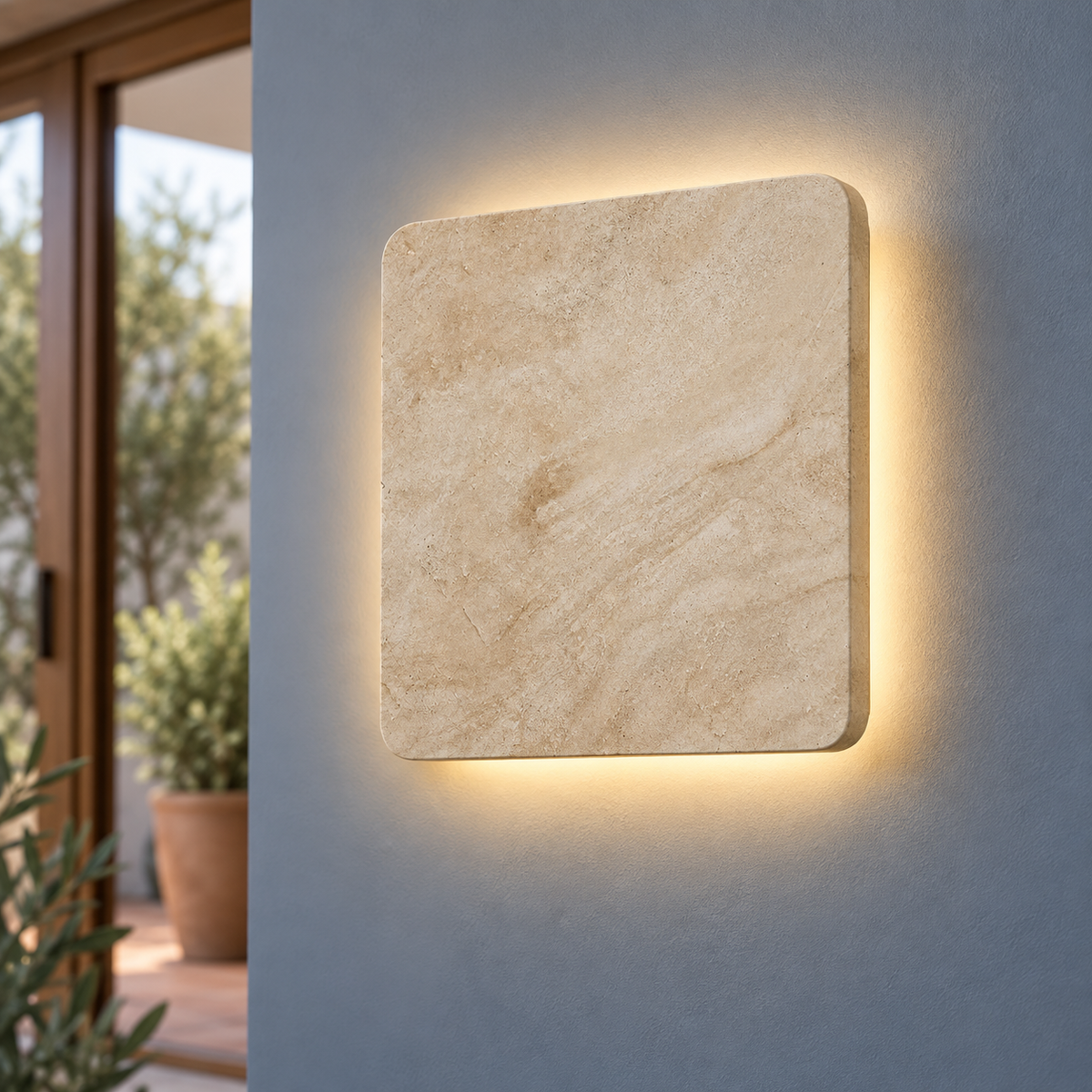 Beige square natural stone outdoor wall light with warm light