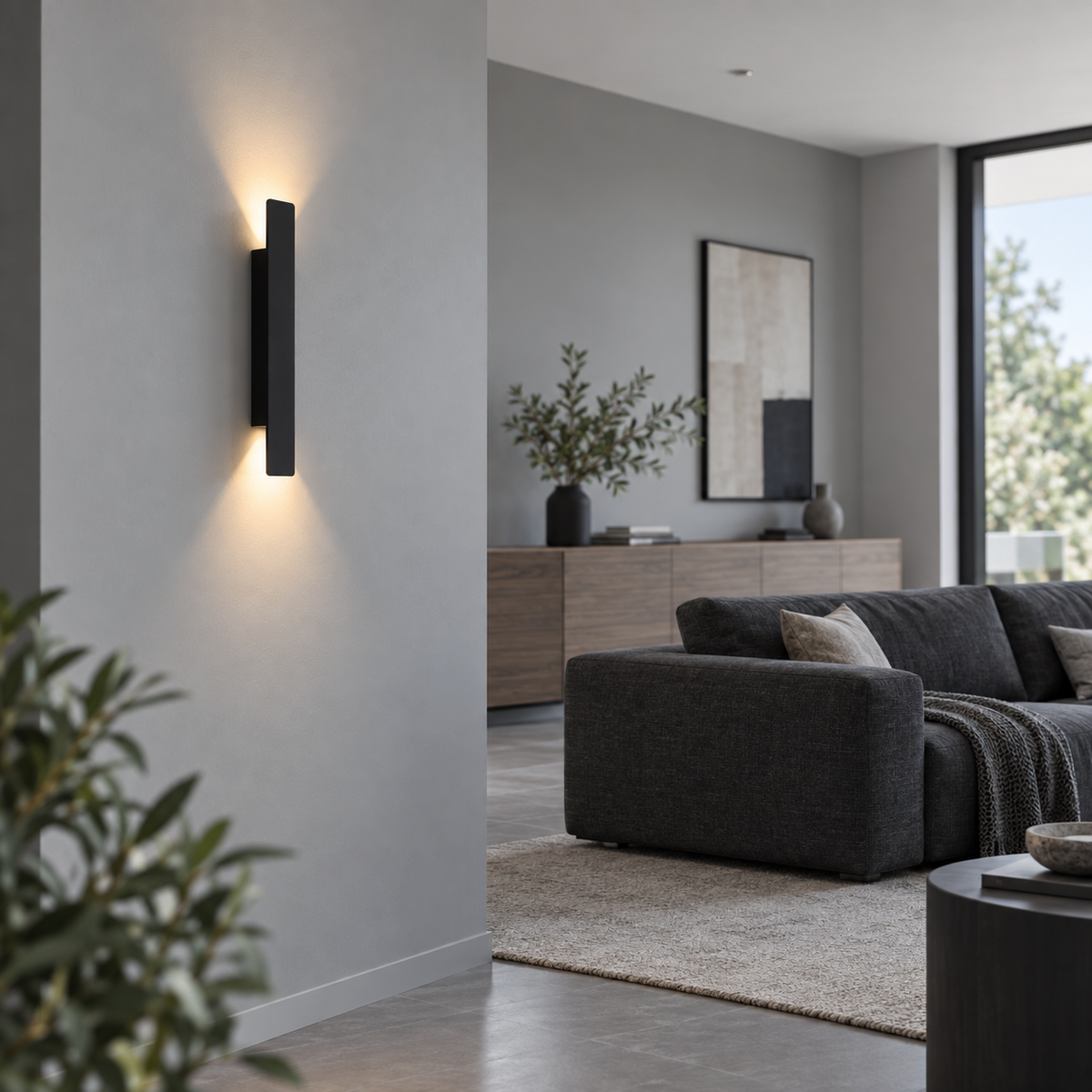 Black up and down LED bar wall light, side view installed in a complete room