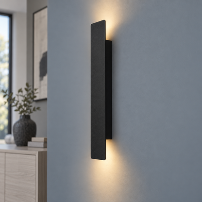 Black up and down LED bar wall light, 41 cm, installed commercial view