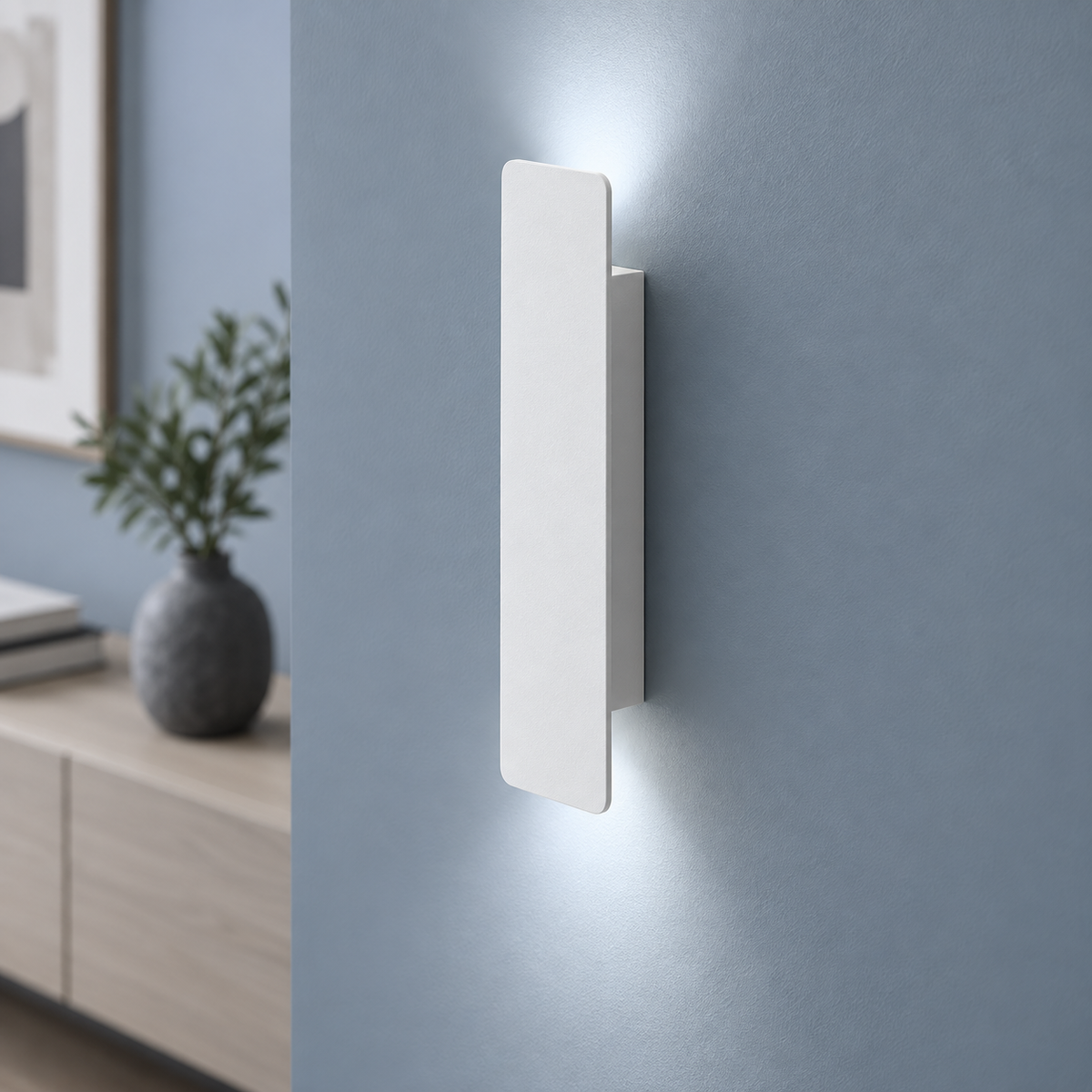 White up and down LED bar wall light, 20.5 cm, installed commercial view