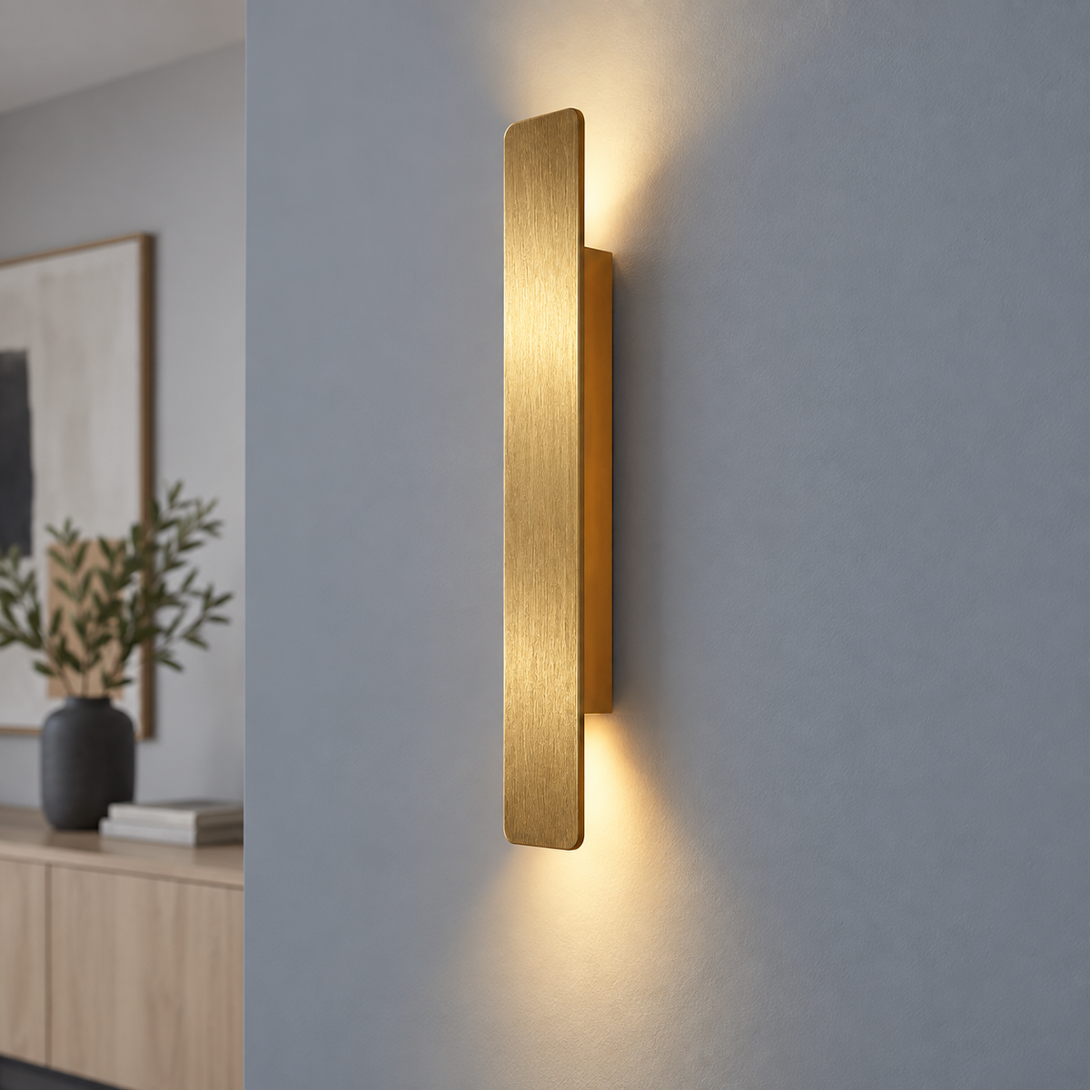 Gold up and down LED bar wall light, 41 cm, installed commercial view