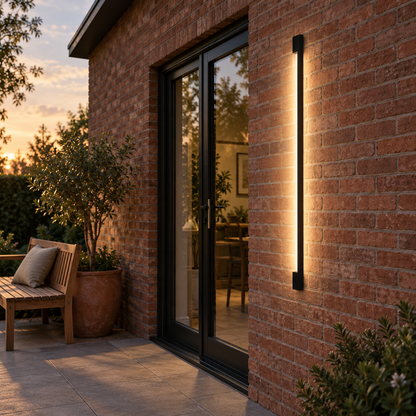 Slim black outdoor LED wall light, far side view of an installed outdoor light