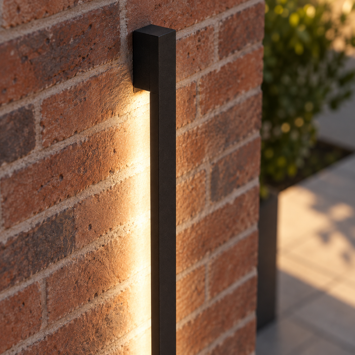 Slim black outdoor LED wall light, close-up of the body and mounting