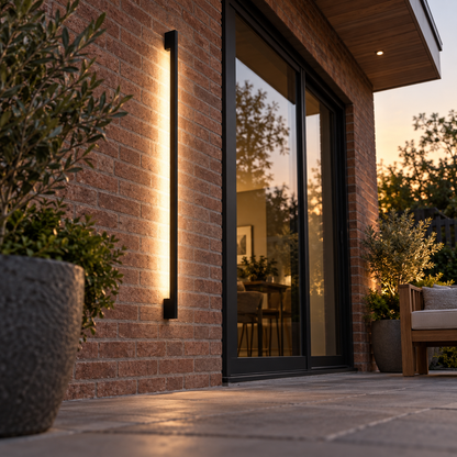Slim black outdoor LED wall light, low underside angle with exterior context