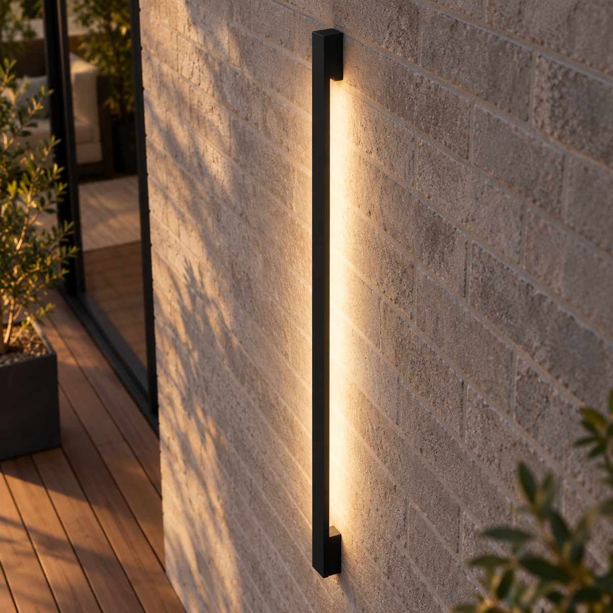 Slim black outdoor LED wall light, medium above-angle installed view