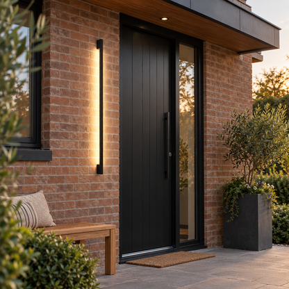 Slim black outdoor LED wall light, far front view of an outdoor entrance