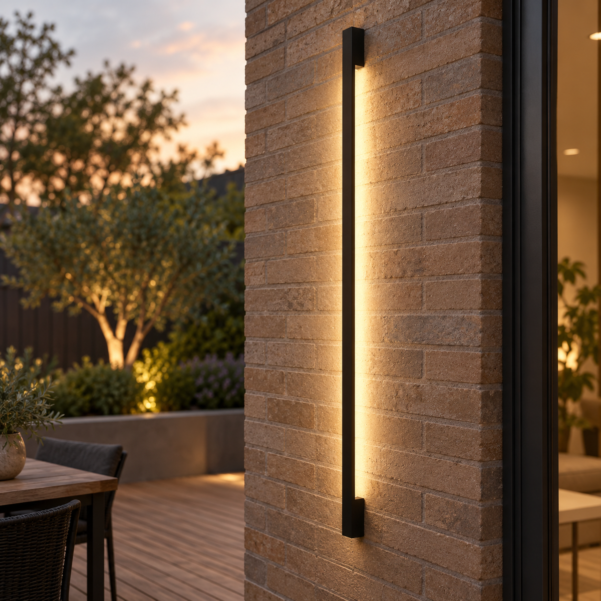 Slim black outdoor LED wall light with warm white illumination (3000K)