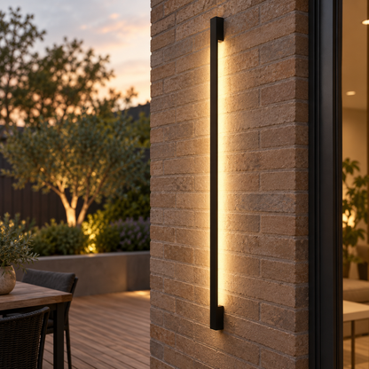 Slim black outdoor LED wall light with warm white illumination (3000K)