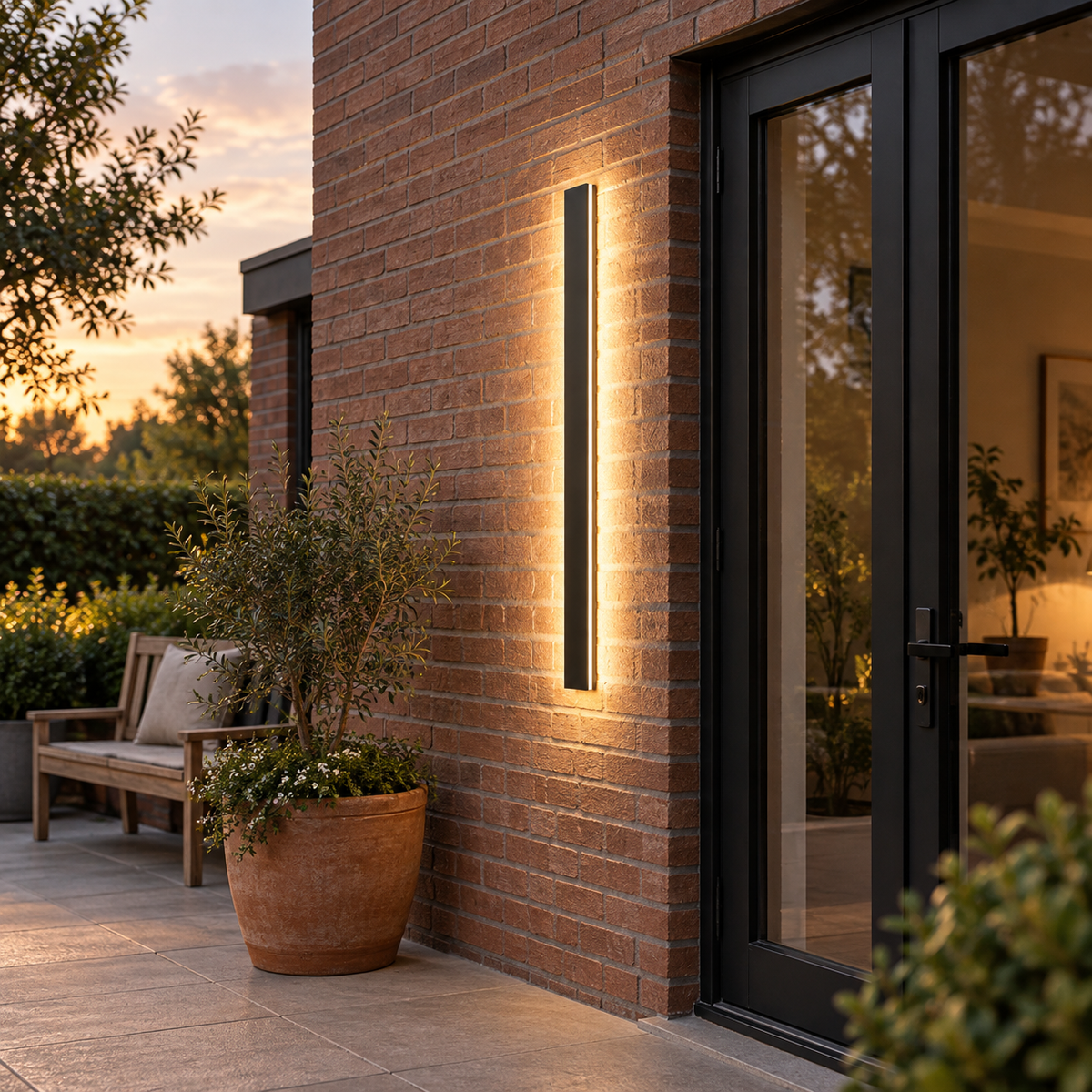 Linear outdoor LED wall light, far side view of an installed outdoor light