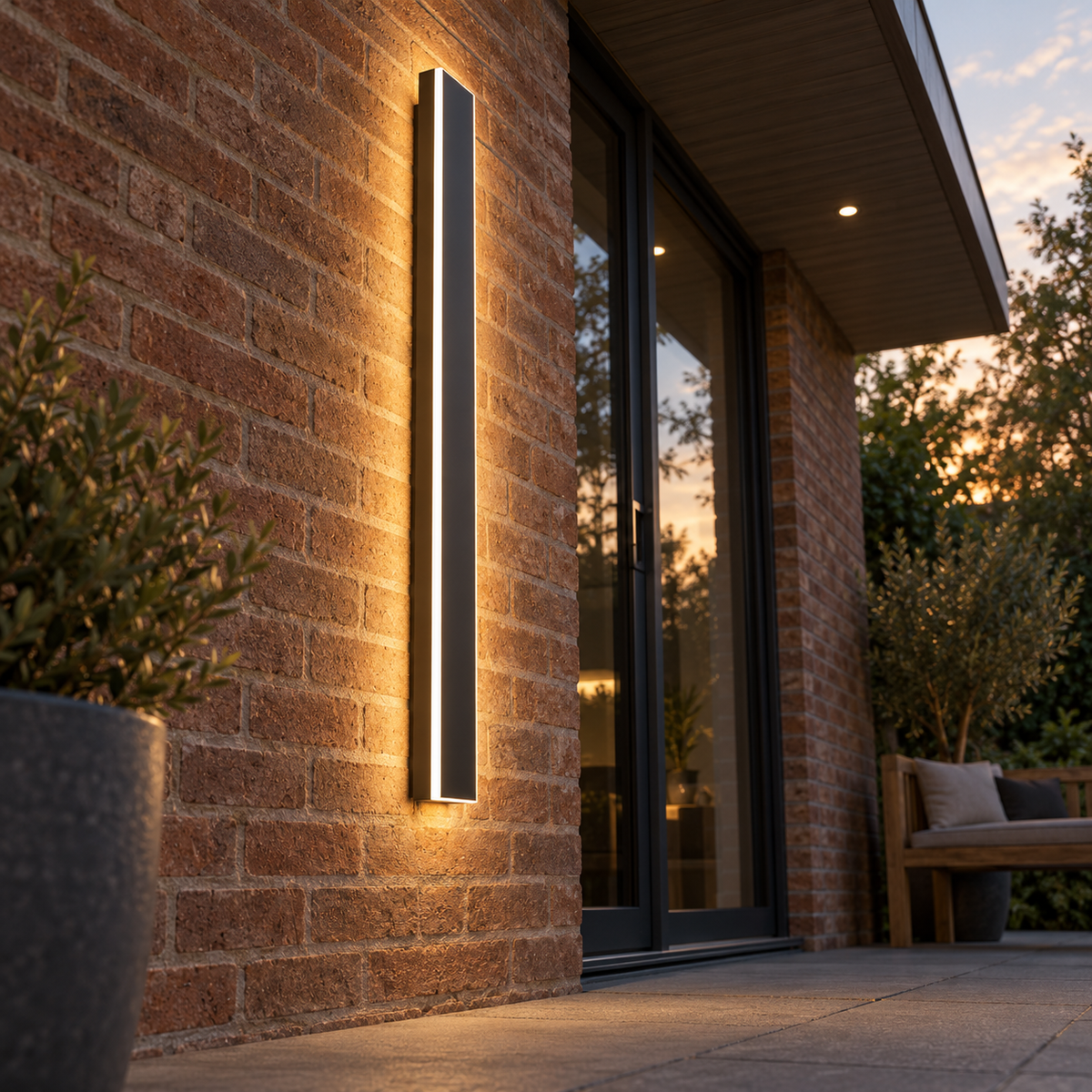Linear outdoor LED wall light, low underside angle with exterior context
