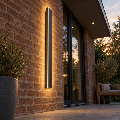 Linear outdoor LED wall light, low underside angle with exterior context
