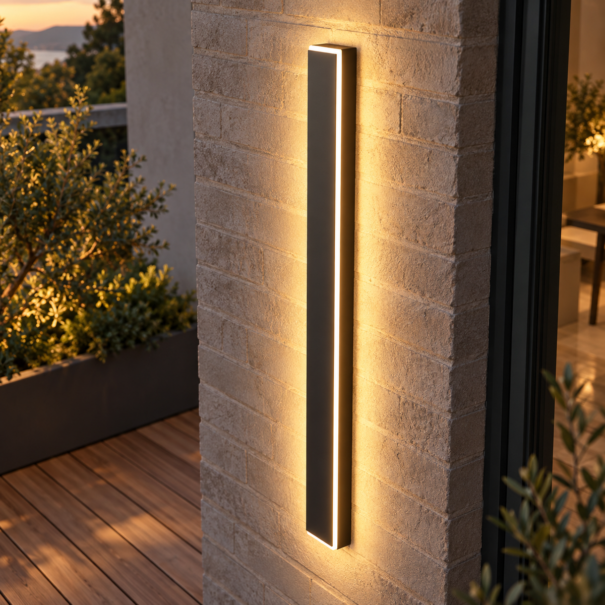 Linear outdoor LED wall light, medium above-angle installed view
