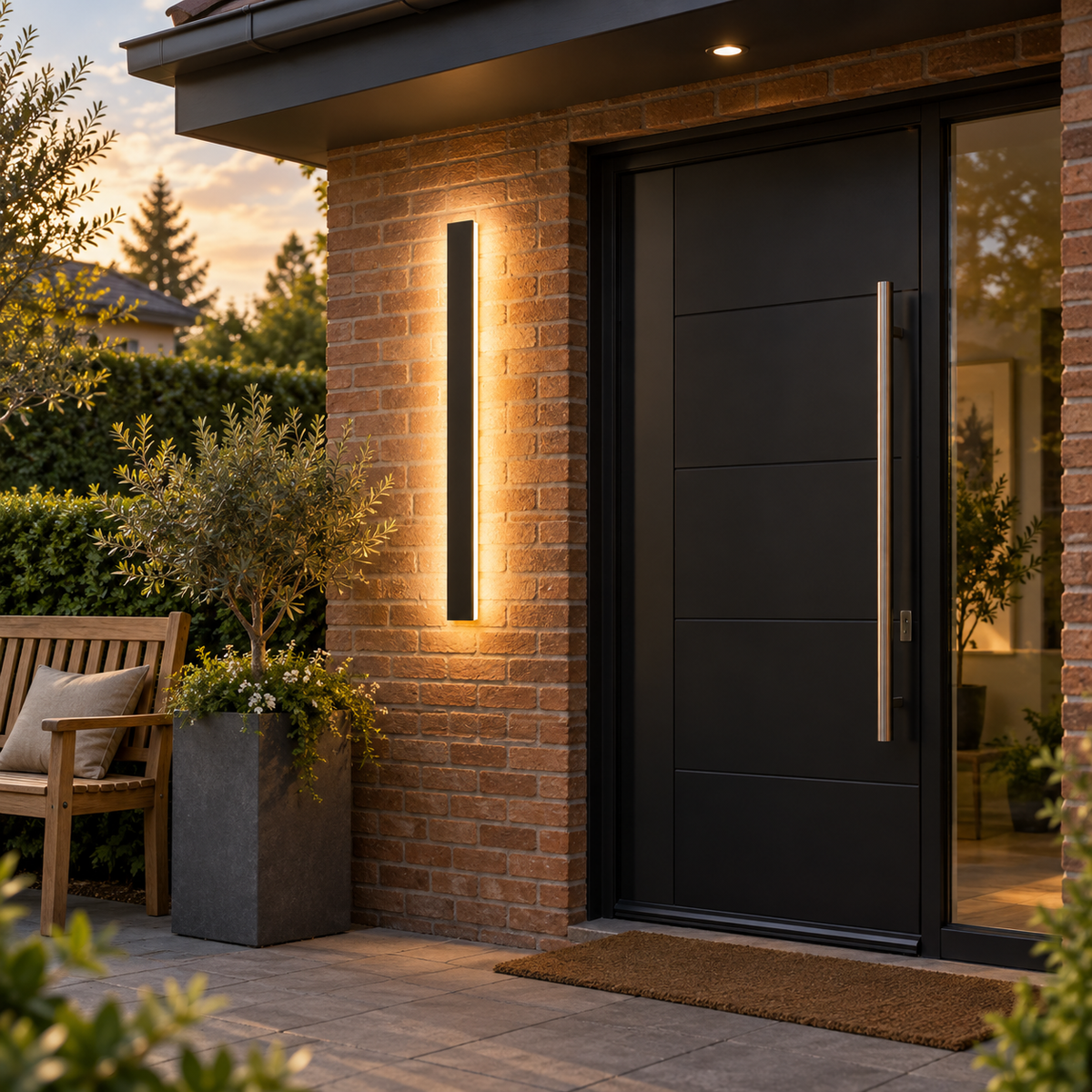 Linear outdoor LED wall light, far front view of an outdoor entrance