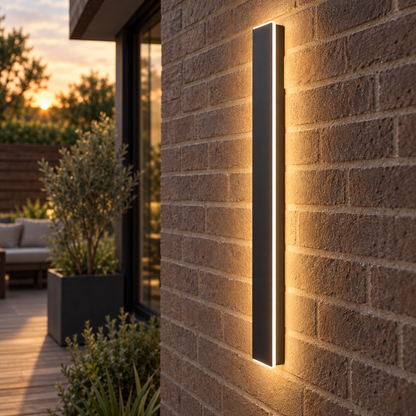 Linear outdoor LED wall light with warm white illumination