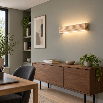 Natural wood LED bar wall light, side view installed in a complete room