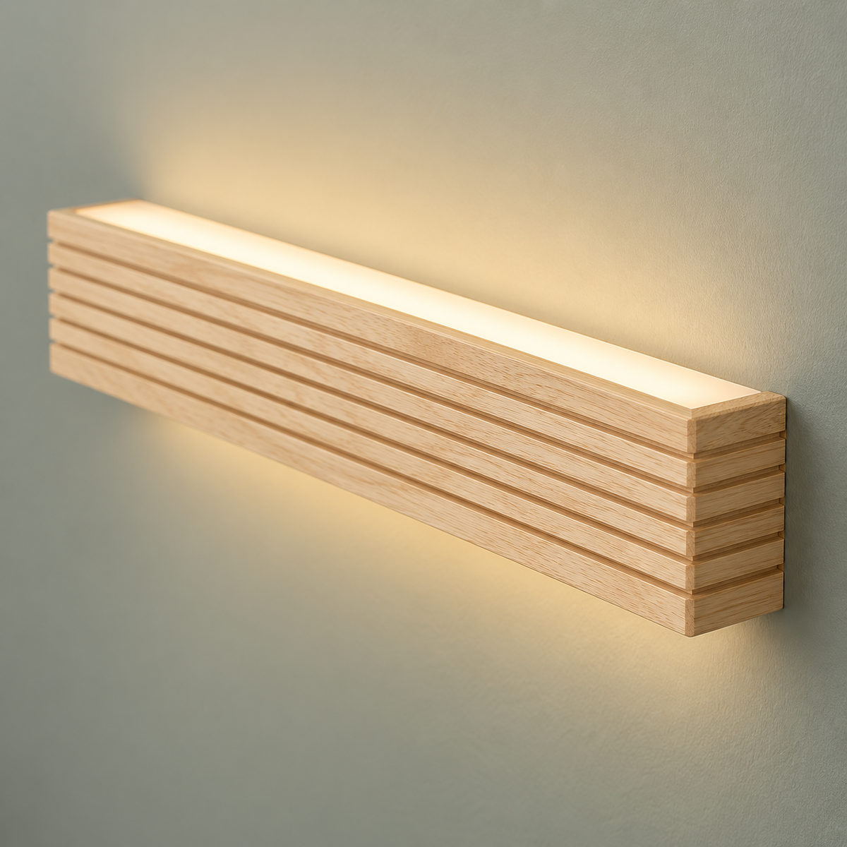 Natural wood LED bar wall light, close-up of the material and edge