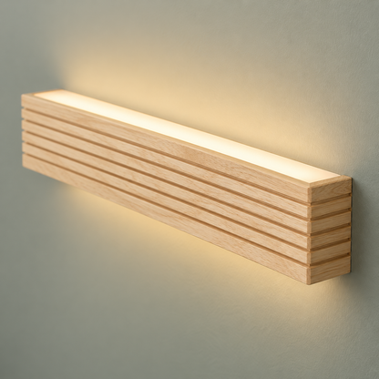 Natural wood LED bar wall light, close-up of the material and edge
