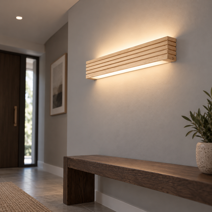 Natural wood LED bar wall light, low underside angle in a hallway