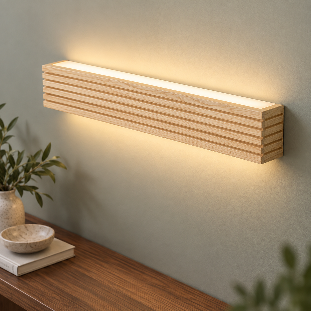 Natural wood LED bar wall light, elevated view while wall mounted
