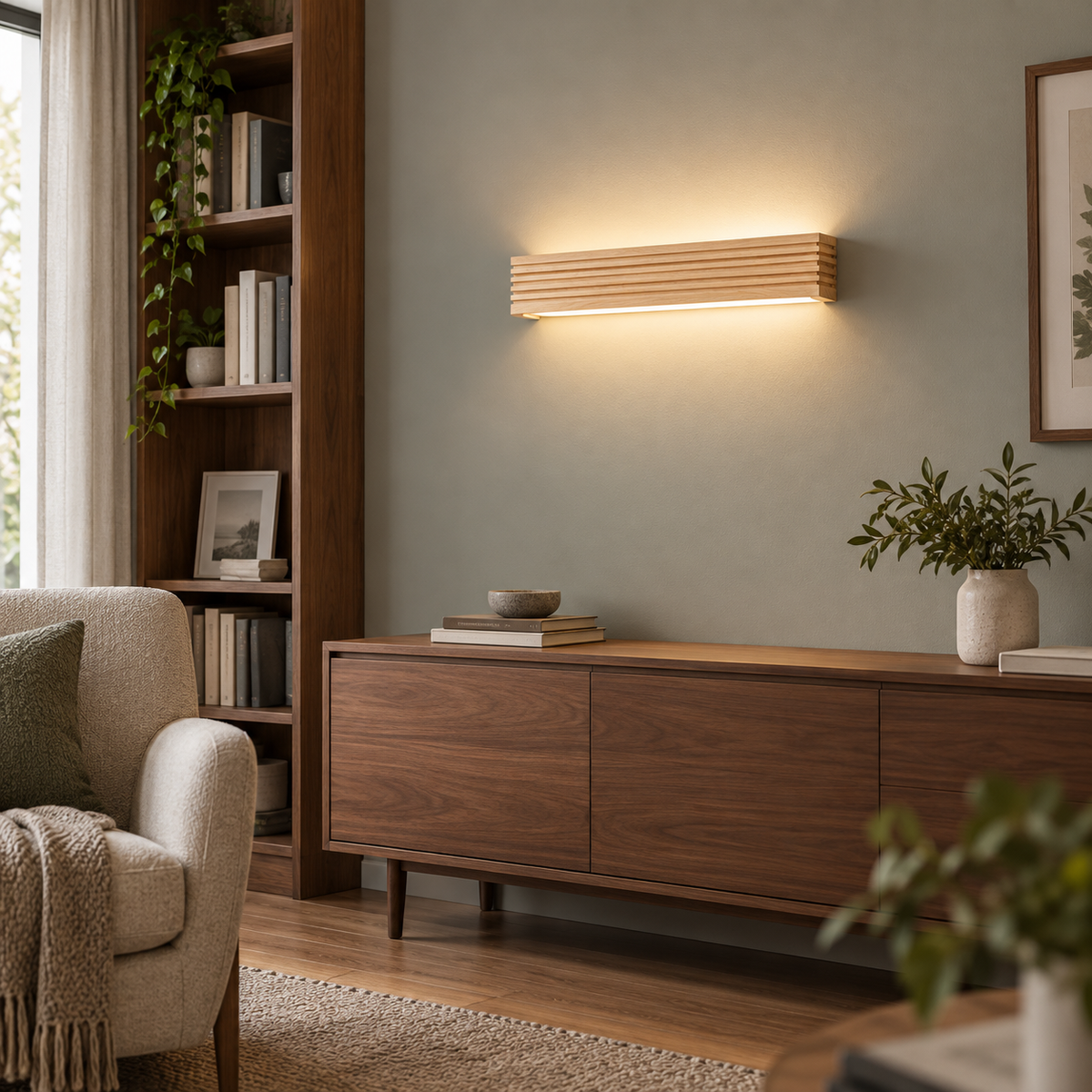 Natural wood LED bar wall light, front view installed in a modern room