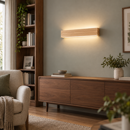 Natural wood LED bar wall light, front view installed in a modern room