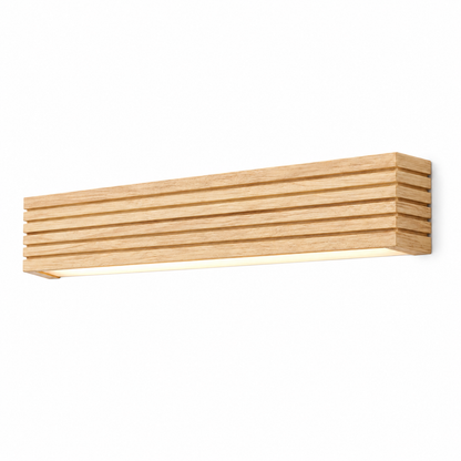 Natural wood LED bar wall light, on a pure white background
