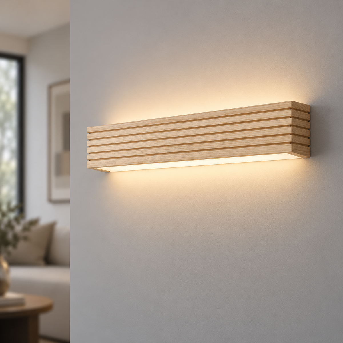 Natural wood LED bar wall light with warm white illumination