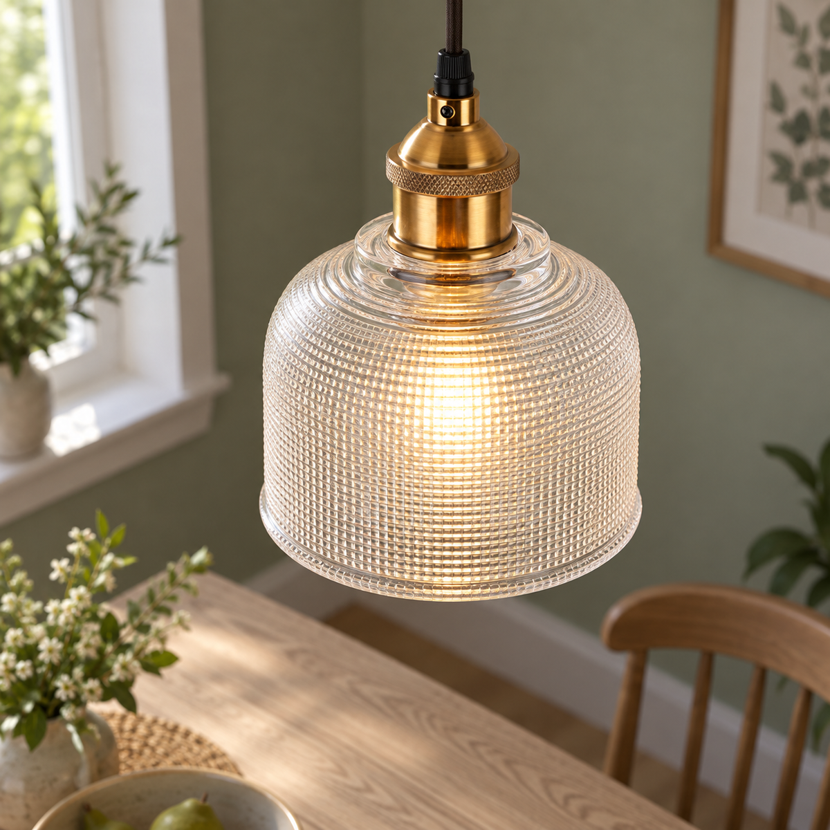 Clear ribbed glass bell pendant, medium above-angle photograph