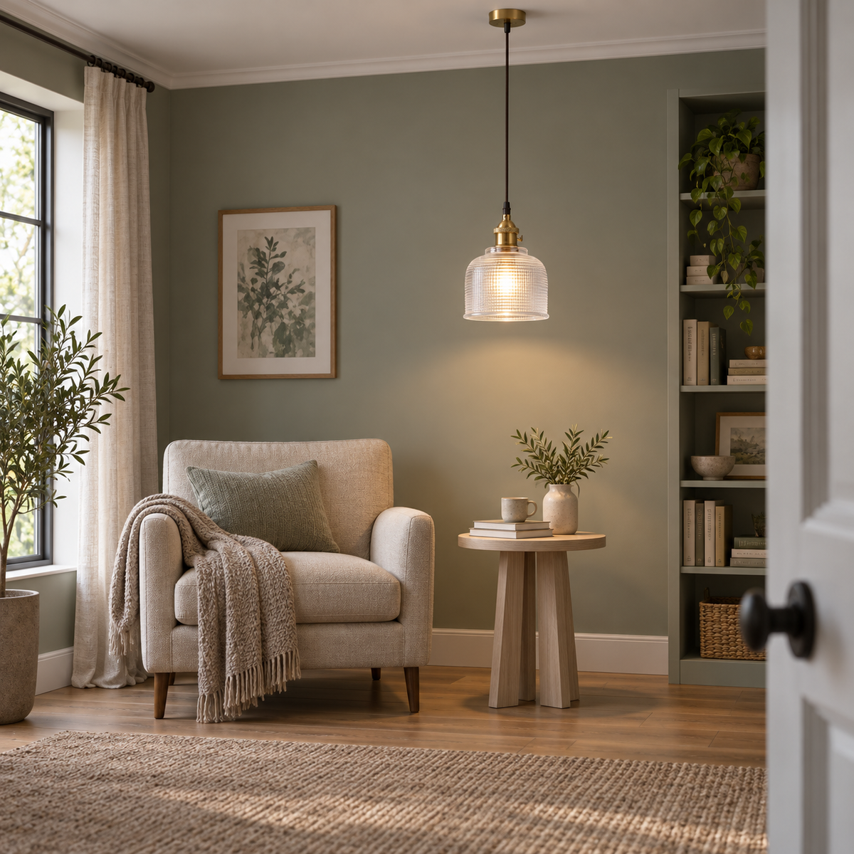 Clear ribbed glass bell pendant, far front room photograph