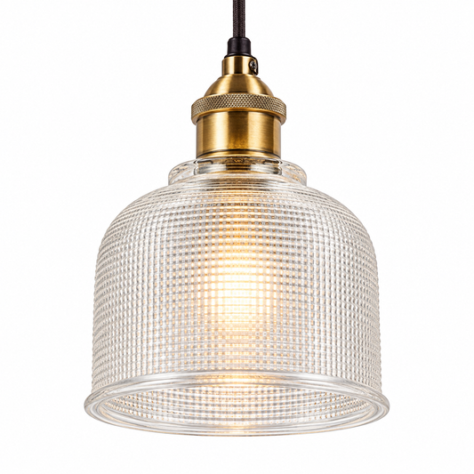 Clear ribbed glass bell pendant, pure white catalogue photograph