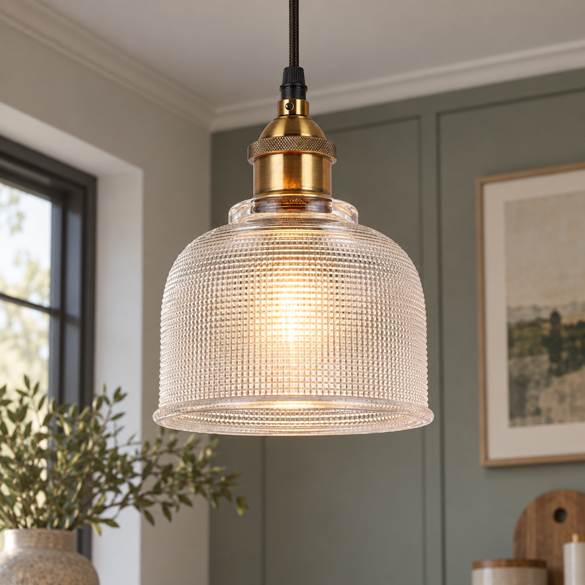 Clear ribbed glass bell pendant, commercial installed view
