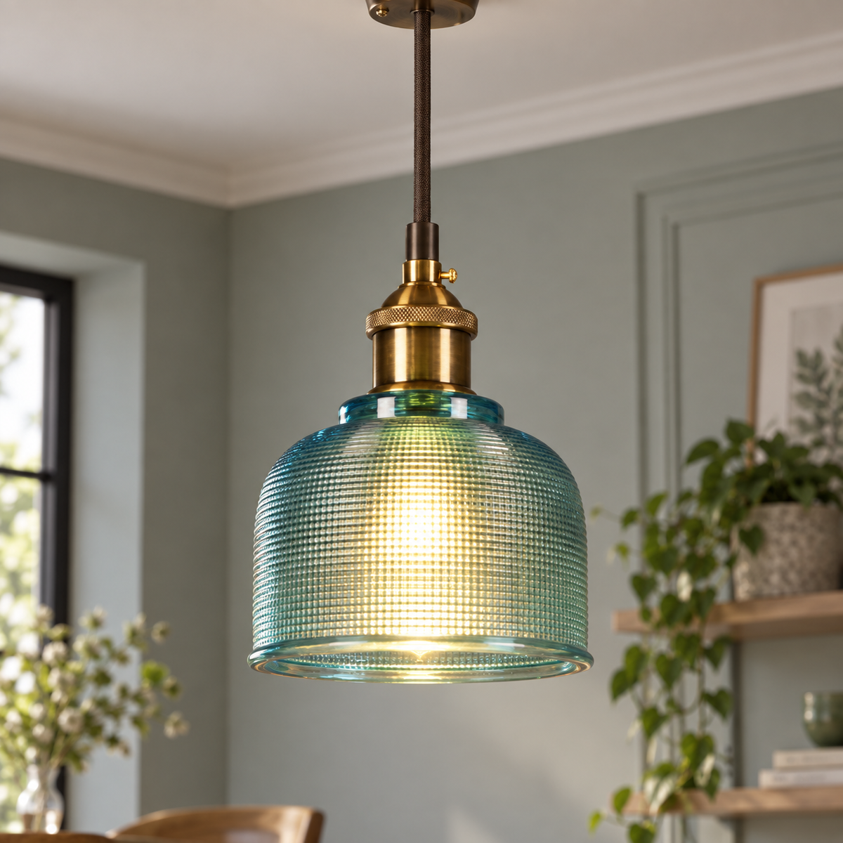 Blue ribbed glass bell pendant, commercial installed view