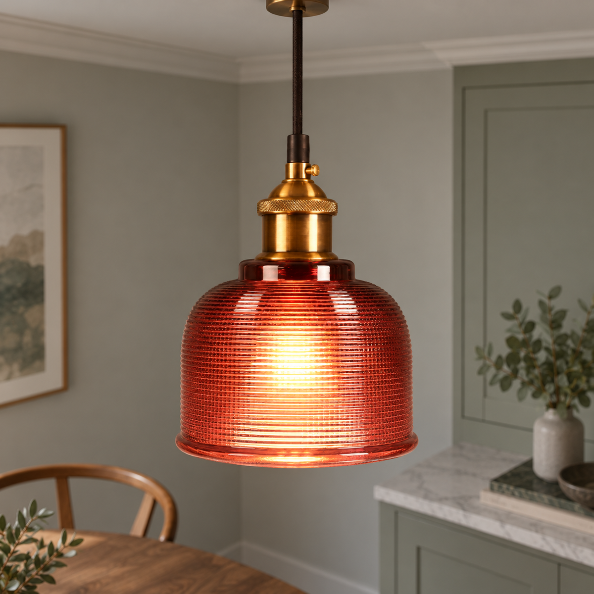 Red ribbed glass bell pendant, commercial installed view