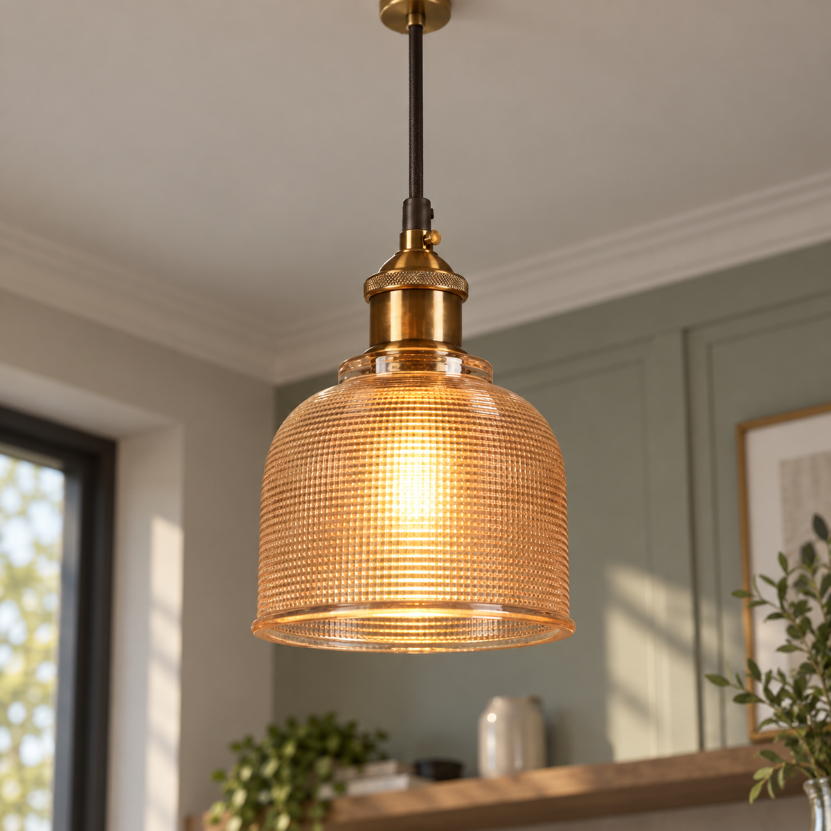 Amber ribbed glass bell pendant, commercial installed view