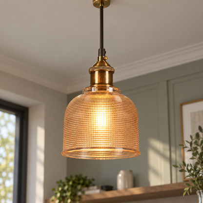 Amber ribbed glass bell pendant, commercial installed view