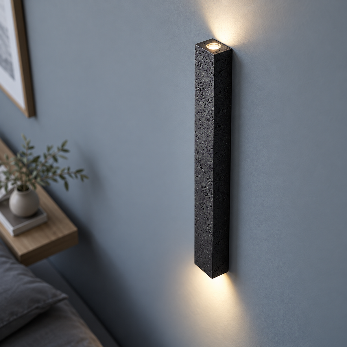 Slim black stone up and down wall light, medium above view
