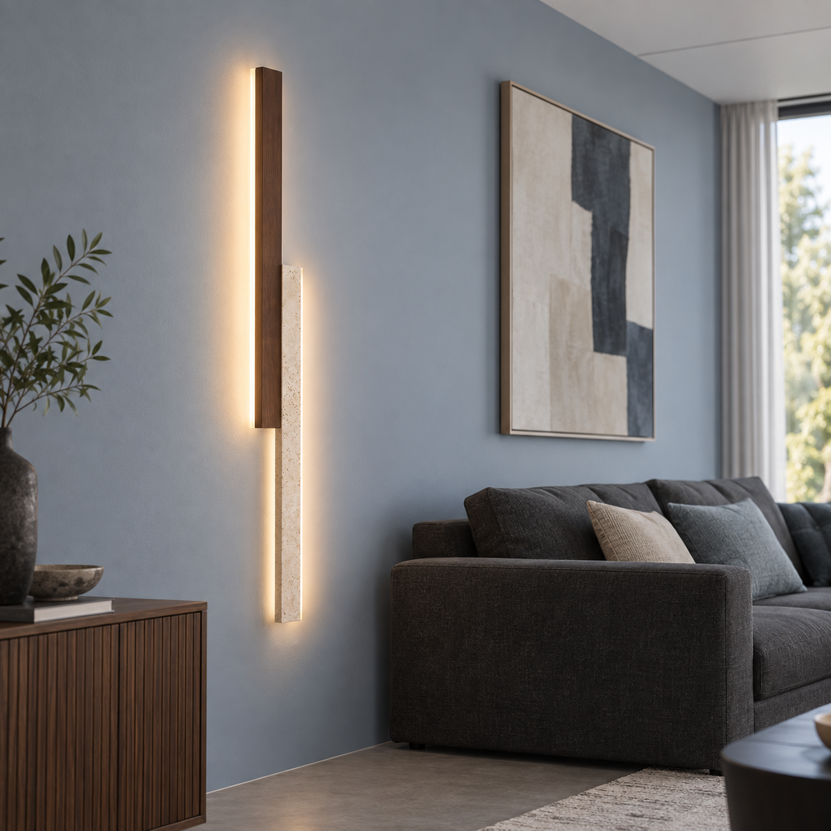Two-tone stone and walnut wall light, far side view in a complete living room