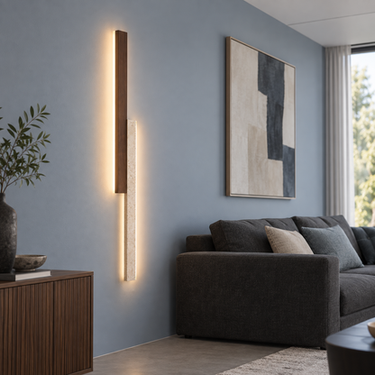 Two-tone stone and walnut wall light, far side view in a complete living room