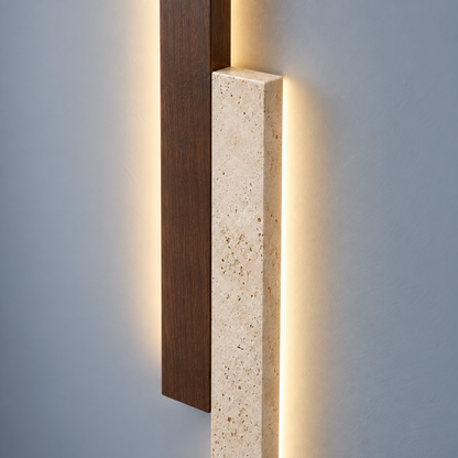 Two-tone stone and walnut wall light, close-up of the material and edges