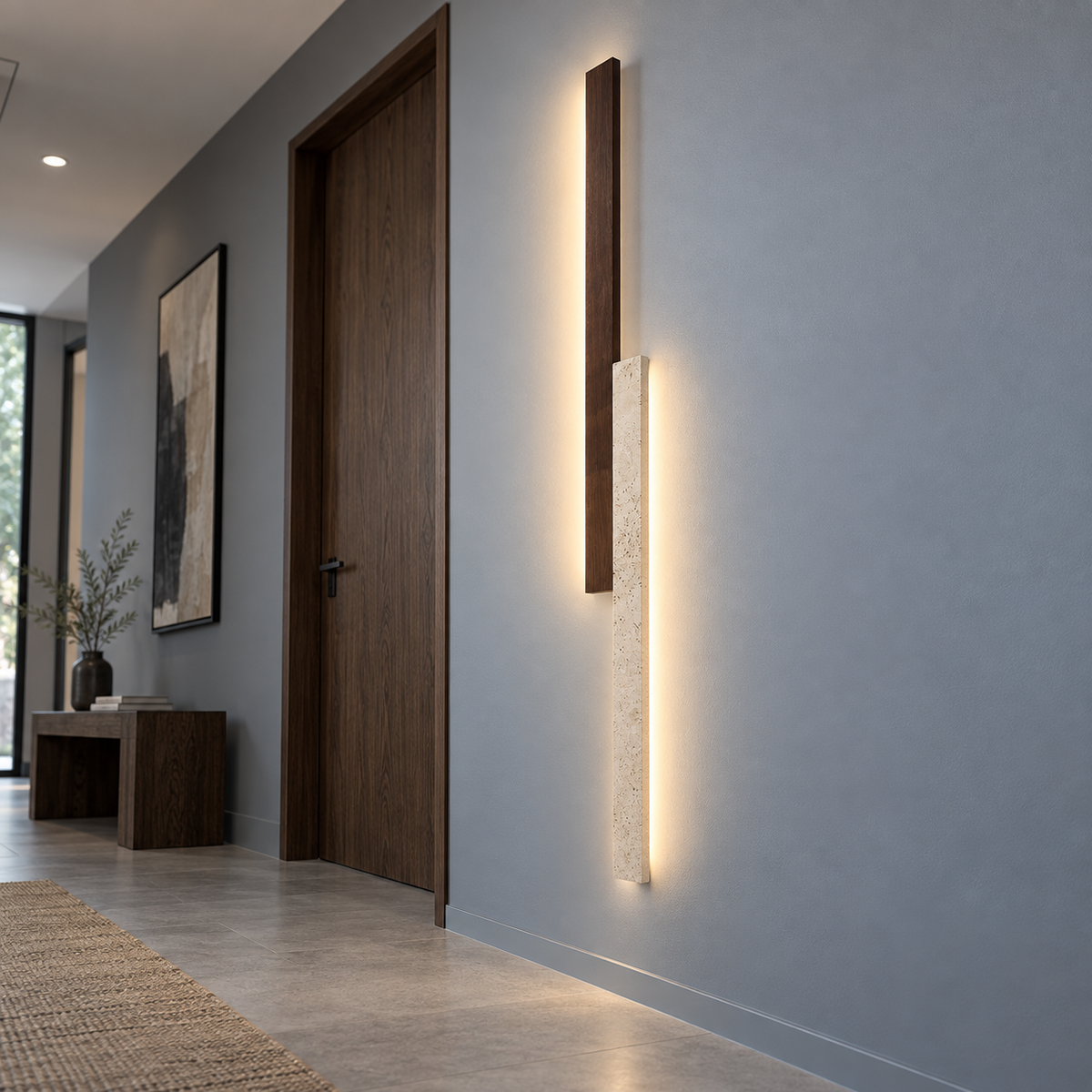 Two-tone stone and walnut wall light, far low underside view