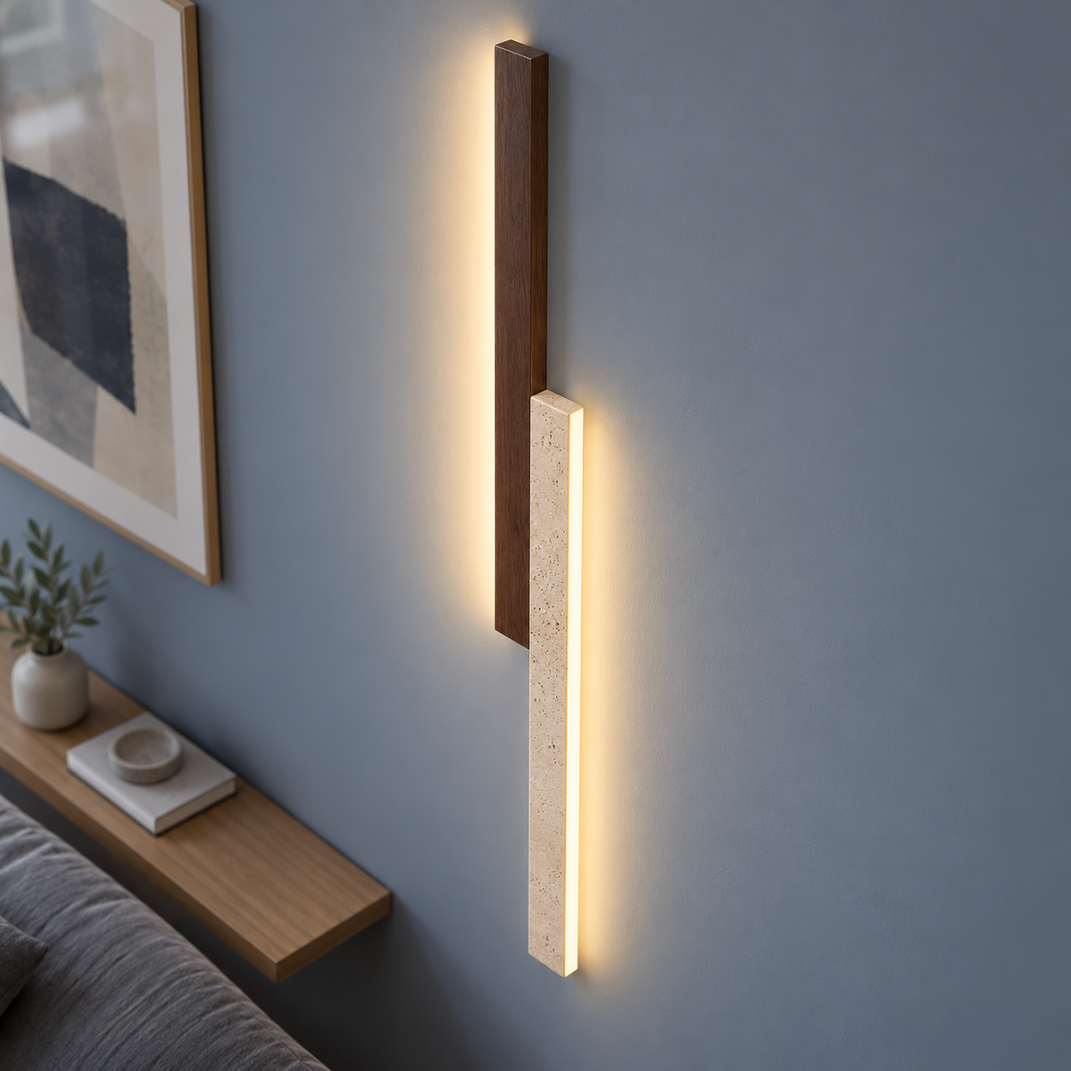 Two-tone stone and walnut wall light, medium above view
