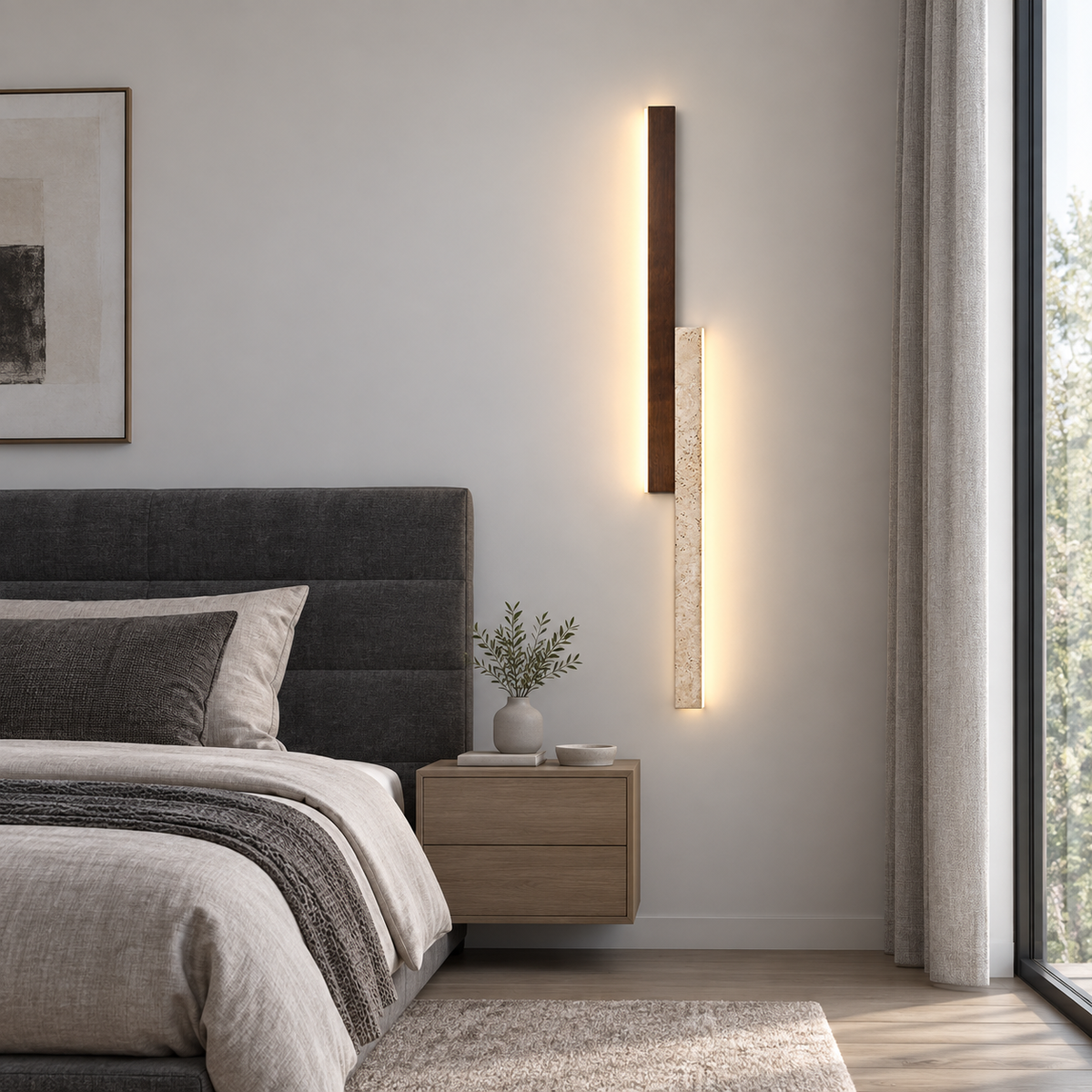 Two-tone stone and walnut wall light, far front view in a bedroom