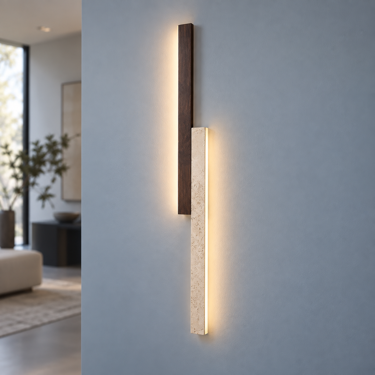 Two-tone stone and walnut wall light, centred commercial finish photograph